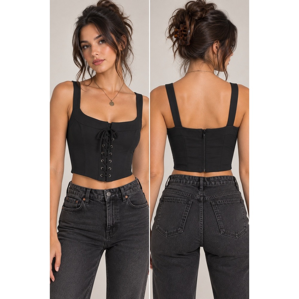 Y2K Goth Corset Lace Up Crop Top Black XS Grunge Skater
